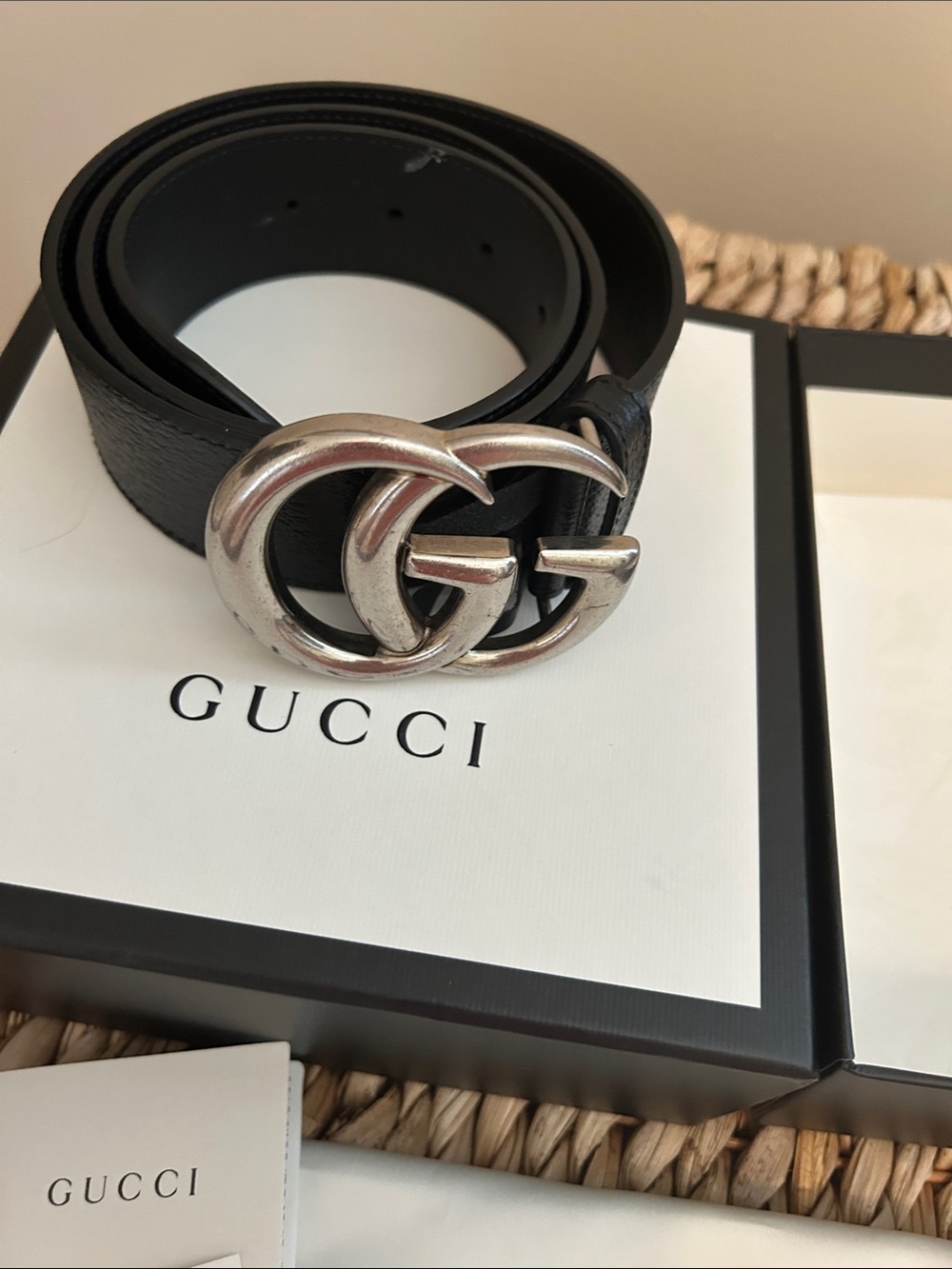 Gucci Maramont Wide Black Belt with Double G Silver Buckle Sz 80